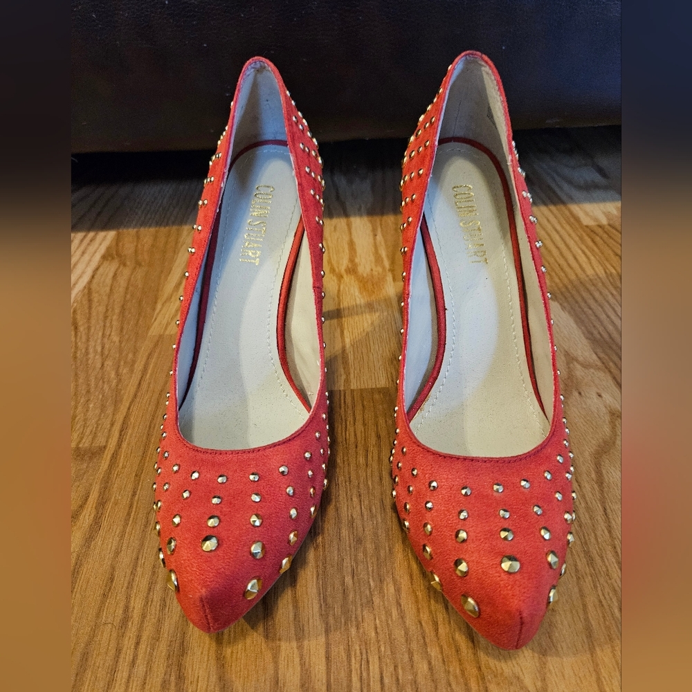 COLIN STUART Studded with Gold Red/Orange High Heels Plataform Size 10